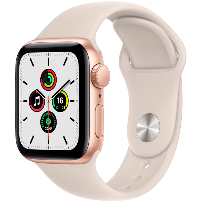 Apple Watch SE, 40 мм, корпус из алюминия золотого цвета спортивный ремешок цвета сияющая звезда (MKQ03)